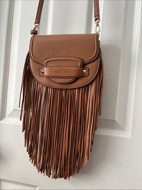 Michael Kors Handbags - Michael Kors CARY Tan Brown Leather Fringe Saddle small Crossbody Shoulder Bag
